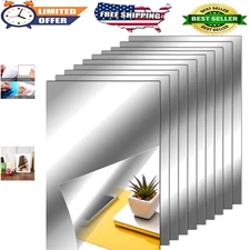 10 Flexible Self-Adhesive Non-Glass Mirror Tiles, 6"x9" for Home Decor - Silv...