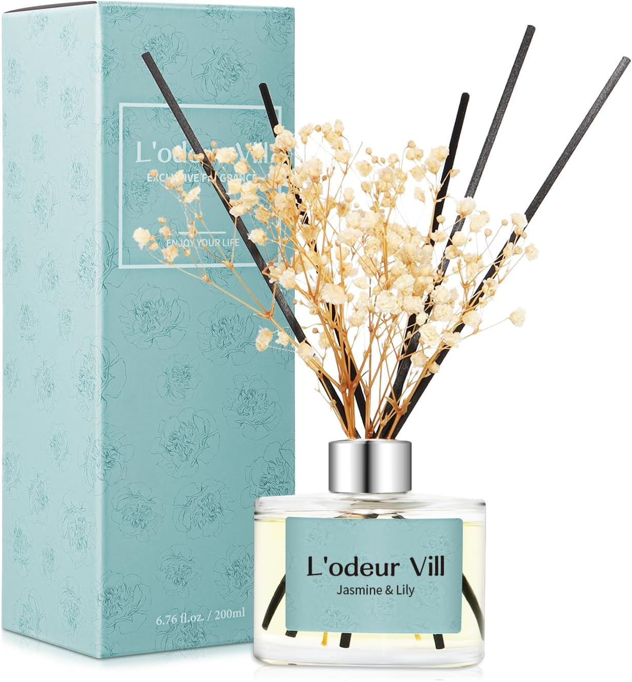 Reed Diffuser, 6.7 Oz(200Ml) Jasmine & Lily Scented Diffuser with 6 Oil Diffuser