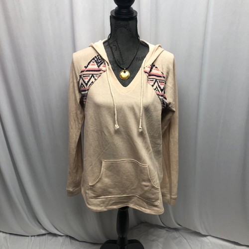 Maurices Beige Hoodie Aztec Womens Size Large Pullover V-Neck Sweatshirt NEW