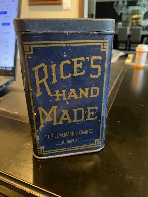 F. R Rice Mercantile Hand Made Cigar Tin Can, St Louis, MO Missouri PA ca1920's