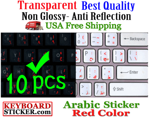 Arabic Keyboard Sticker Transparent Red letters Printed in Korea, 10pcs DEAL!! - Afbeelding 1 van 2