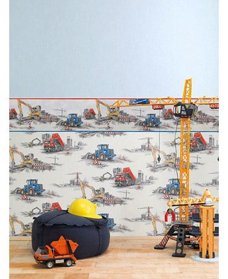 Kinderzimmer Tapete Baustelle Bagger Bulldozer Kran Baufahrzeuge Rasch Ebay