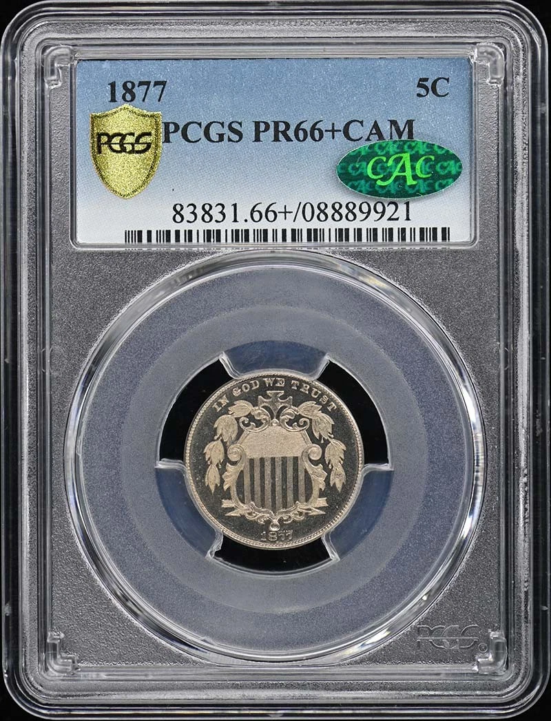 1877 5C Shield Nickel PCGS PR66+CAM (CAC)