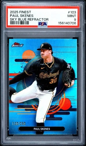 2025 Topps Finest Uncommon Paul Skenes #103 - Sky Blue Refractor - 130/250 PSA 9