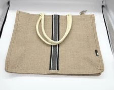 Acuario Jute Burlap Market Tote Reusable Grocery Bag Triple Stripe Zip Top