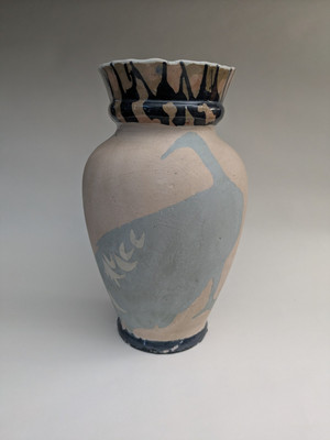 Vintage Keramik blau & natürlich unglasiert Handarbeit Studio Kunst Vase 2 Vögel Intarsien