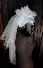 Blue Wedding Veil Cap Pearls Lace Dress Up Coso Play Theatre