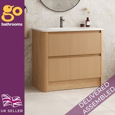 Oak Ribbed Vanity Unit Wave 1000mm Floor Standing Drawer Unit & Matt White Basin