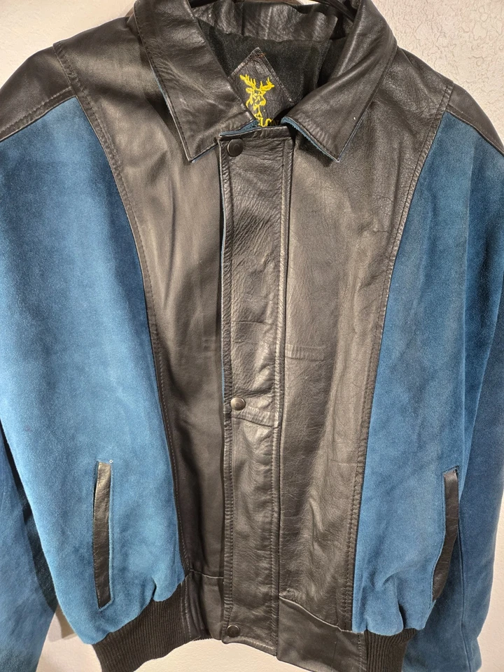 Vintage Barcelona Leather Goods Jacket Mens Size 42 Blue and Black Leather VTG - Image 2 of 4