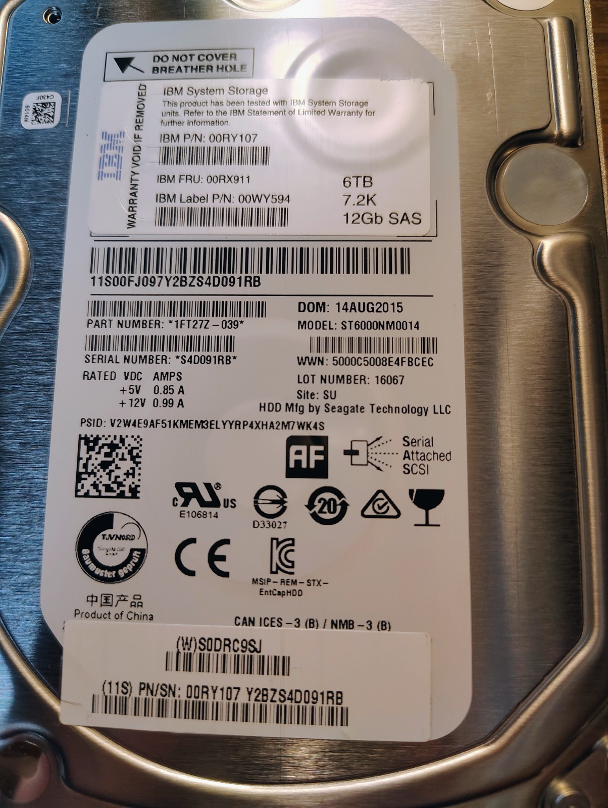 IBM 00RX911 00RY107 2076 AHD4 6TB 7.2K 12Gbps NL SAS 3.5
