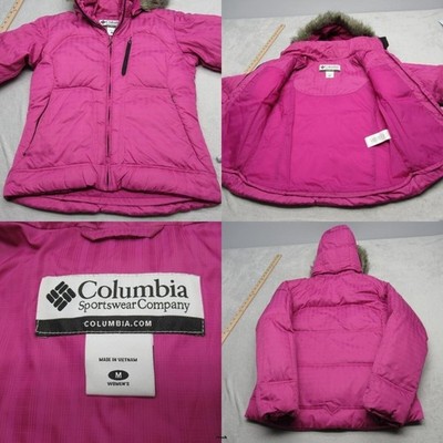 Columbia Down Jacket Womens Medium Pink Faux Fur Trim Hood Full