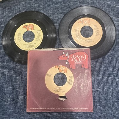 3 Grease and Saturday Night Fever 45s.  Valli, Travolta, Bee Gees Stayin Alive
