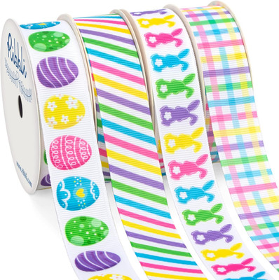 4 Rolls Easter Grosgrain Ribbon,Easter Eggs/Bunny/Stripe/Check Ribbon,Easter Rib