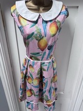 Lindy Bop Molly Anne Pink Mango Print Swing Dress Peter Pan Collar Retro UK16