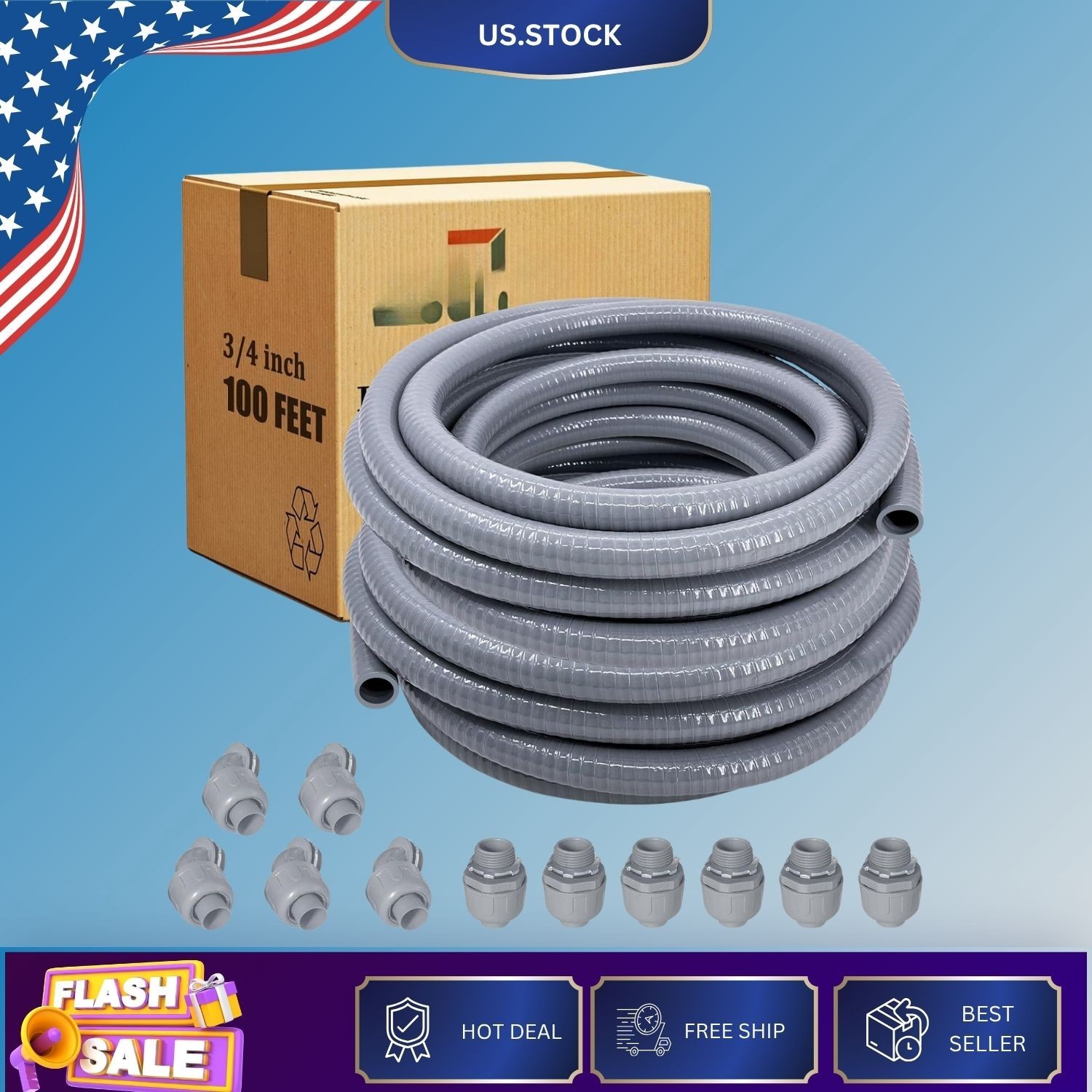 3/4" x 100FT Liquid Tight Flexible Non Metallic Conduit Kit with Fittings