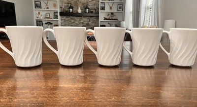 Vintage Corelle Coordinates Coffee Cups, Set Of 5, Stoneware, White Swirl Design