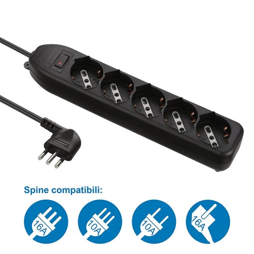 Steckdosenleiste schwarz 5-fach Universal mit Sicherheitsschalter 10A Stecker - Bild 4 von 5