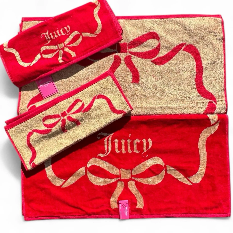 Juicy Couture Red & Gold 28” X 54” Bath & Hand Towel Reversible Bow Frame 4Pc - Image 4 of 4