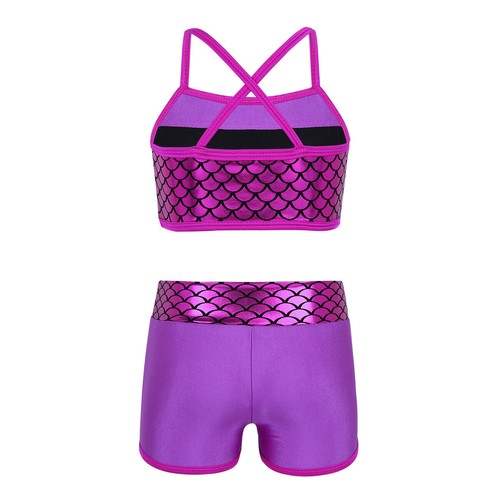 Girl 2Pcs Sequins Crop Top with Shorts Tankini Swimsuit Gymnastics Sports Outfit - Picture 4 of 171