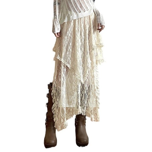Mujeres Falda Floral Encaje Midi Volantes Capas Irregular Cintura Elástica Boho - Imagen 7 de 27
