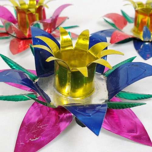 Vtg Kitsch Christmas Candle Holders (3) ~ Bright Silver Metal Flowers Folk Art - Picture 2 of 7