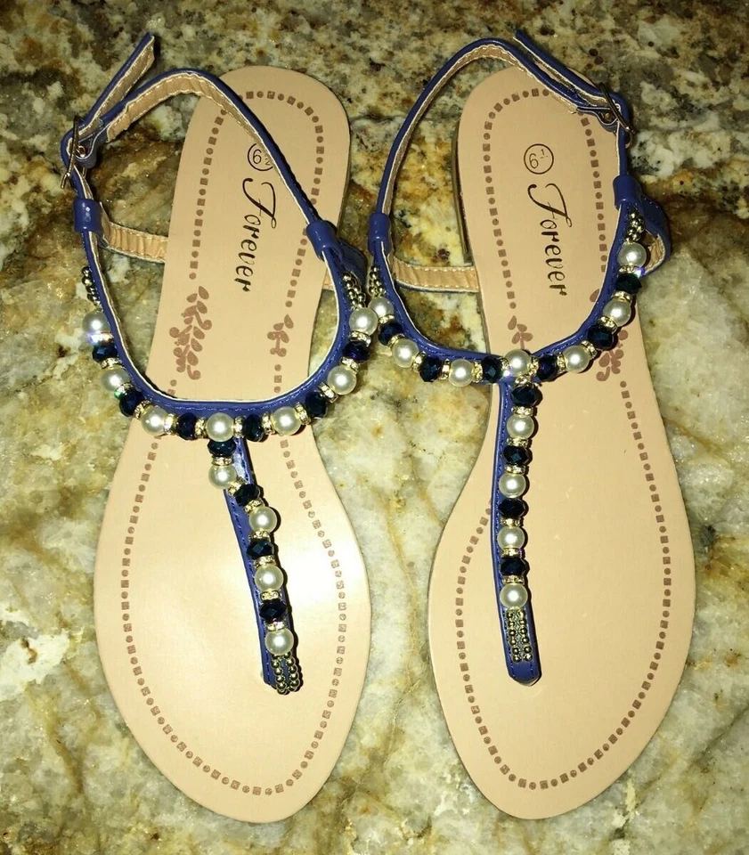 Sandalias FOREVER Mariposa azul blanco dorado con cuentas tanga correa en T para mujer talla 6,5 7,5 Foto 4 de 4