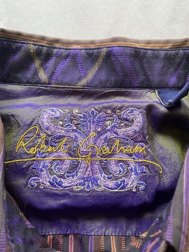 Camisa Para Hombres Robert Graham Talla 2XL XXL Púrpura Rayas Puño Abatible Manga Larga Usada en Excelente Condición - Imagen 2 de 9