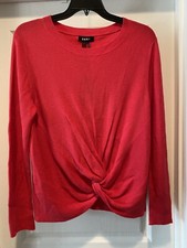 NWT DKNY Womens Pink Twist Front Long Sleeve Jewel Neck Sweater Size XL MSRP 89
