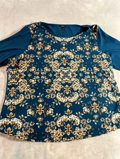 Talbots Blouse Tunic  Women’s 3X Pullover 3/4 sleeve Green Gold Floral BOHO