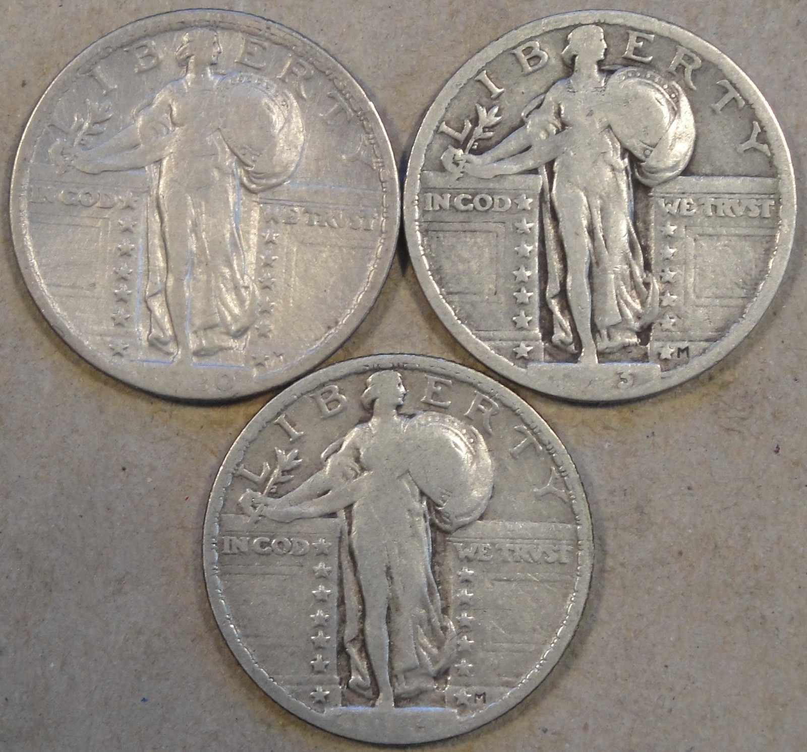 1920 Cleaned F,23 VG, + 24 VG Standing Liberty Quarters Weak Dates
