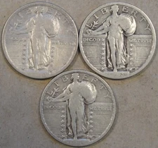 1920 Cleaned F,23 VG, + 24 VG Standing Liberty Quarters Weak Dates