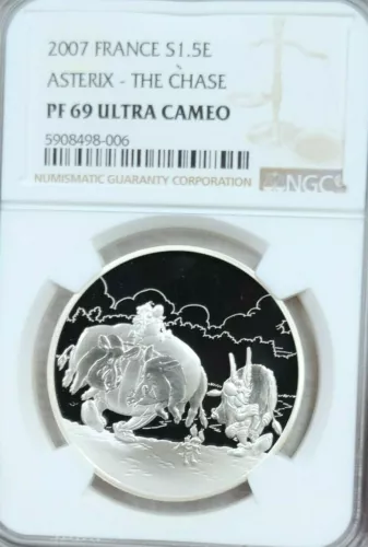 2007 FRANCE SILVER 1.5 EURO S1.5E ASTERIX THE CHASE NGC PF 69 ULTRA CAMEO 