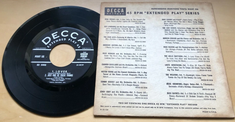 PEGGY LEE GORDON JENKINS JAZZ SINGER 1952 US DECCA VINYL 7 " 45 EP ED 2003 Foto 2 de 2