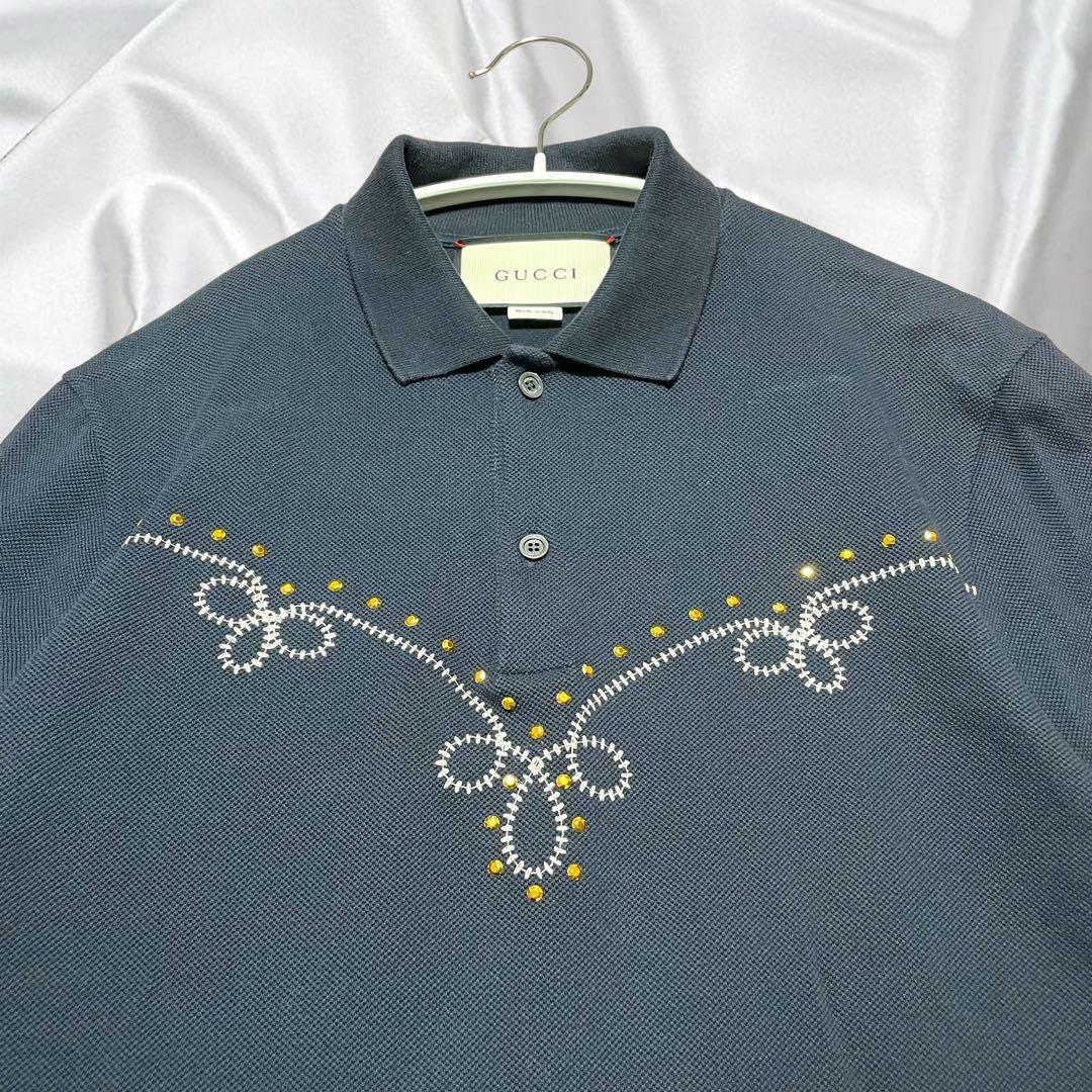 Gucci polo shirt rhinestone embroidery, navy, size S, men's