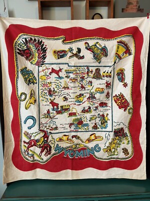 Vintage MCM Wyoming Print Tablecloth Cactus Cloth Map Souvenir 32.5''×36.5'' READ