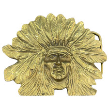 Vintage 70's Solid Brass Native American Chief w/Headdress Belt Buckle