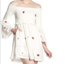 Free People White/Red Embroidered Floral Off Shoulder Beach Boho Dress Size M