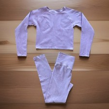 2PC Set Women L Activewear Seamless Ribbed Crop Top Leggings Heathered Pink READ