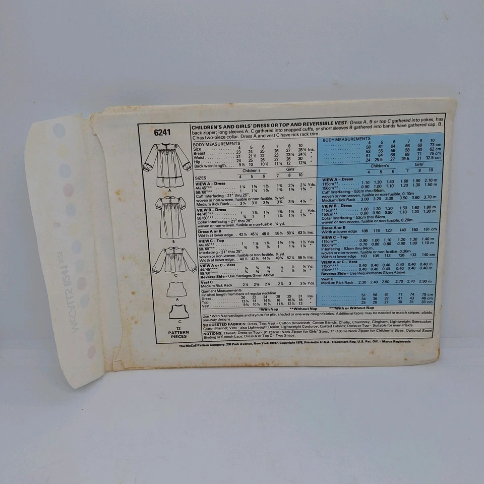 Sweet VTG 78 McCALLS 6241 Girls Dress or Top & Reversible Vest PATTERN Sz 5 - Image 3 of 4