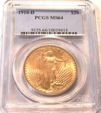 1910 D $20 PCGS MS 64 Gold St. Gaudens Double Eagle, Better Date Twenty Saint