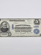 1902 $5 Five Dollar National Bank Note First Camden NJ Charter 1209 FR# 598
