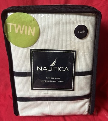 NEW~TWIN size BEDSKIRT~Nautica white navy stripe Dust Ruffle/bed skirt