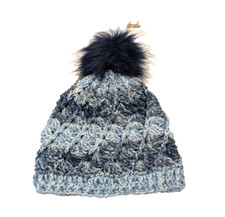 Handmade Blue Crochet Beanie Hat, Unisex, Faux Fur Pom, Size Toddler/Child