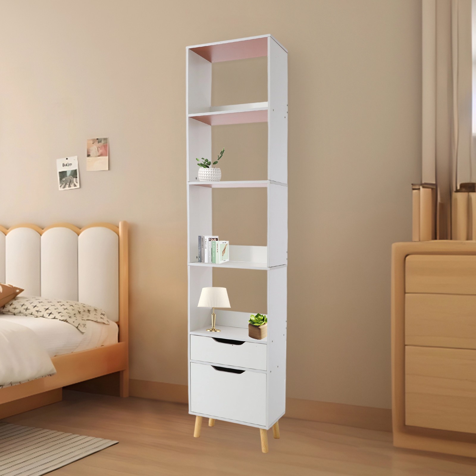 4 Tier Storage Shelf Freestanding Organizing Rack Tall Open Book Stand w/ Drawer