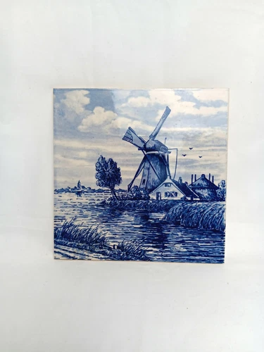 Vintage Holland Hand Painted Ceramic Delft Tile Windmill Scene Blue And White