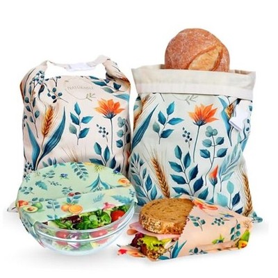 Beeswax Bread Bag for Homemade Green and Peach Background with Floral Patterns