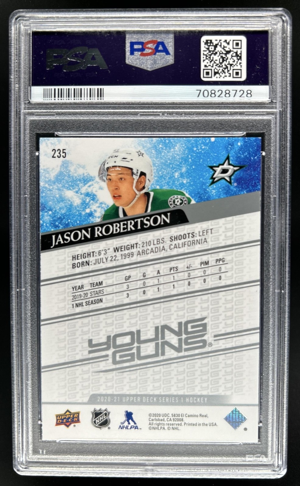 2020-21 Upper Deck Jason Robertson Rookie Young Guns RC #235 Stars PSA 9 view 2