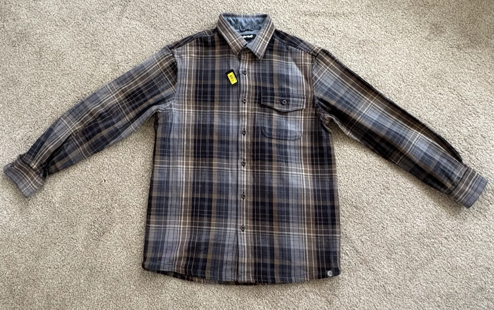 NWT Solaris Mens Medium Cotton Flannel Shirt Brown/Grey Plaid Hiking Outdoor