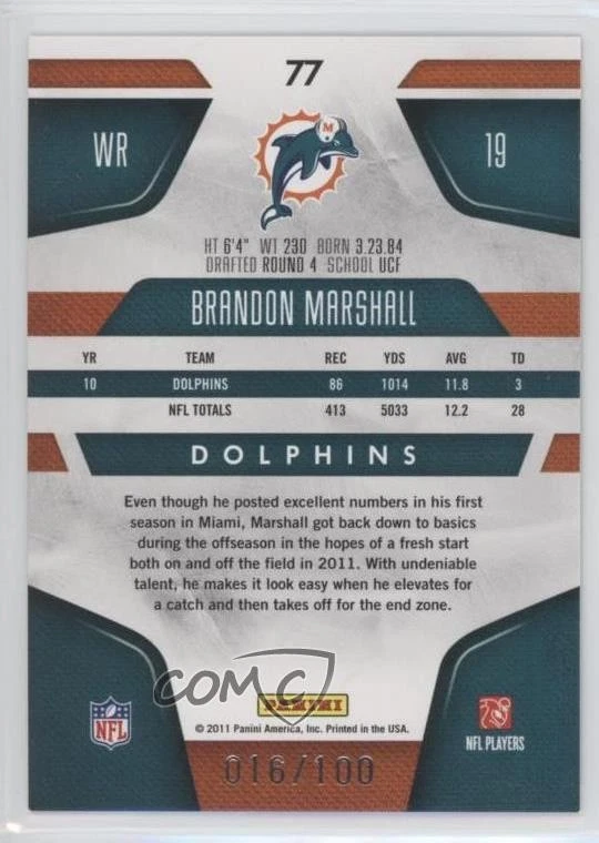 2011 Certified Platinum Blue /100 Brandon Marshall #77 - Image 2 of 2