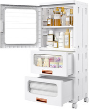Narrow White Storage Cabinet with 2 Drawers & Wheels for Small Spaces